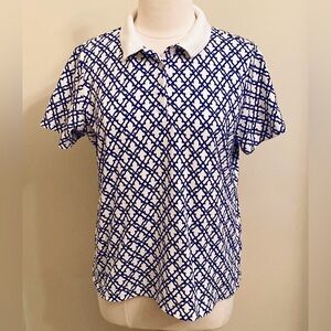 Lands’ End Classic Fit White Blue Geometric Print Preppy Short Sleeve Top Size L